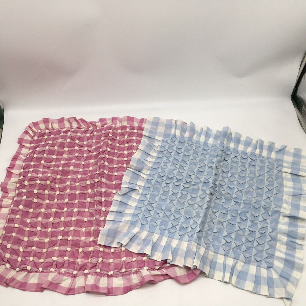 Pair Vtg Canadian Smocked Pillow Shams Pink Blue Gingham Ruffled Cottage Granny